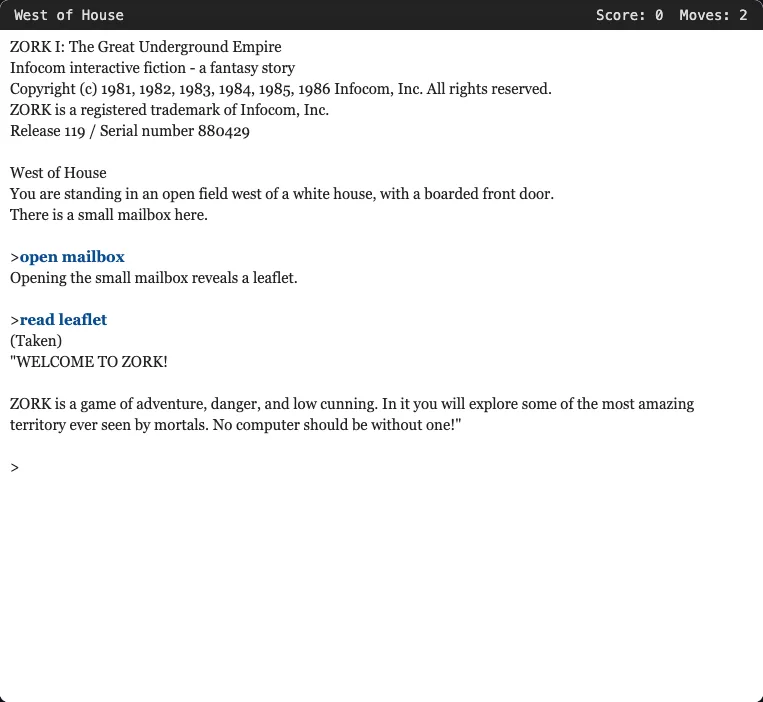 Screenshot of Zork I: The Great Underground Empire